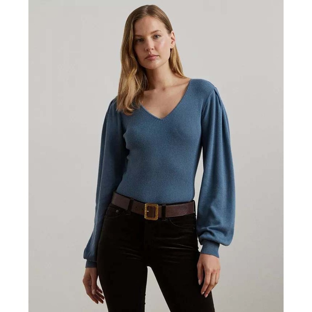 Lauren Ralph Lauren Puff Sleeve Ribbed Knit Sweater‎ Womens M Teal V-Neck Preppy